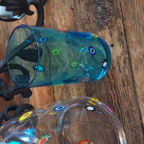 Vintage Murano Glass Leonardo Millifiore Flower Pitcher and Two Blue Glasses - Picture 4 of 12